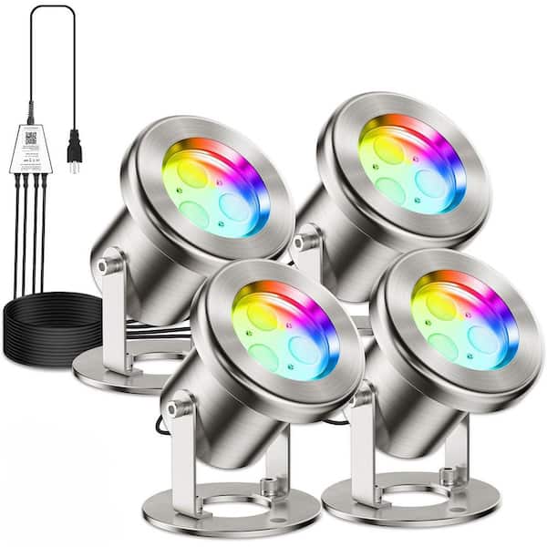4-Spots LED Pond Lights w/ APP Control RGB 6W Stainless Steel Underwater Fountain Light 12V Transformer IP68 Waterproof