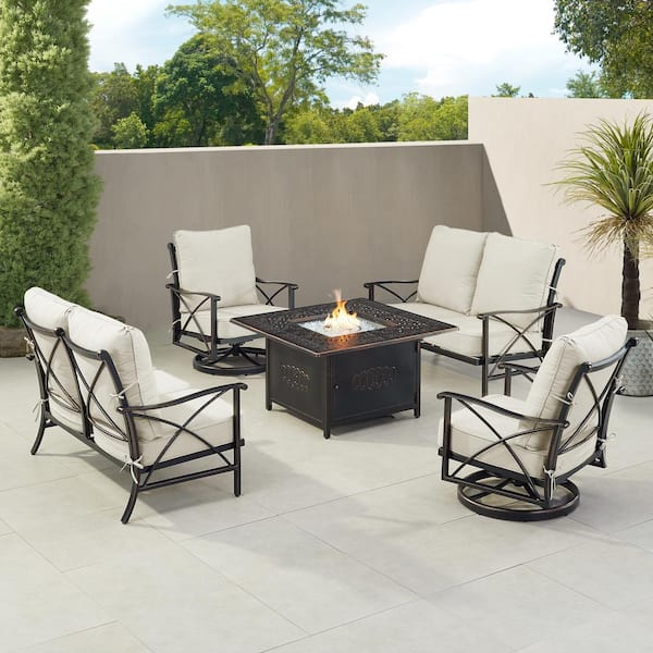 Oakland Living Black Aluminum Fire Table Set with 2-Loveseats and 2-Club Chairs