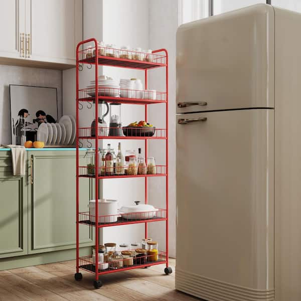 6-Shelf Red Metal Rolling Wire Rack, Storage Shelving Unit for LaunD)ry Bathroom Kitchen Garage (22.8"W x 10" D)