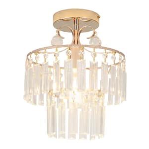 10.62 in. 1 Light Gold Modern Round Semi-Flush Mount Ceiling Light with Clear Crystal Shade and No Bulbs Included