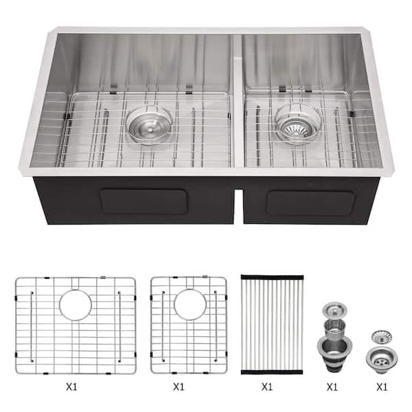RAINLEX 28 in. L x 19 in. W Undermount Double Bowls 16-Gauge Stainless Steel Kitchen Sink in Brushed Nickel