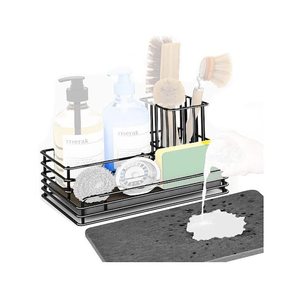 Silver Stainless Steel Kitchen Sink Sponge Holder Caddy with Instant Drying Stone and 3 Compartments Organizer