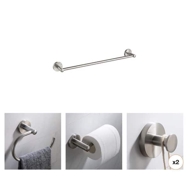 Elie Brushed Nickel Bathroom Accessory Set: 18 in. Towel Bar, Toilet Paper Holder, Hook, and Towel Ring (4-Piece)