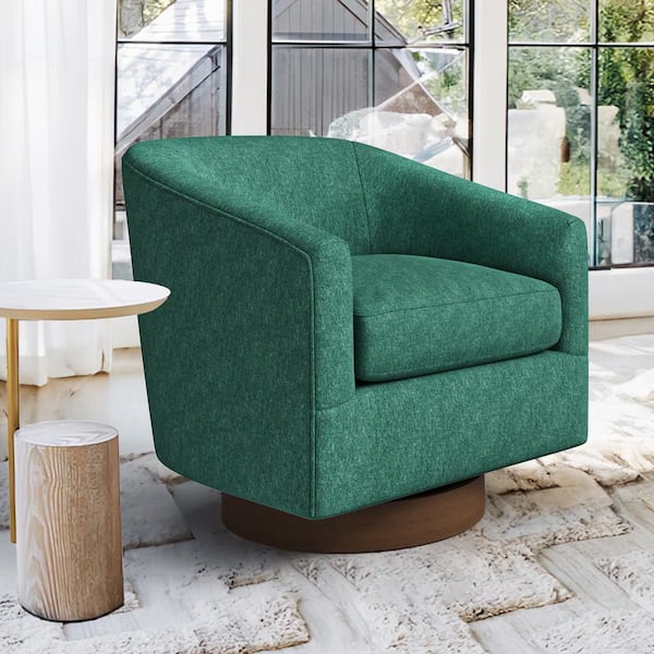 LUE BONA Green Swivel Accent Chair with Solid Wood Base Barrel Chairs Swivel for Livingroom