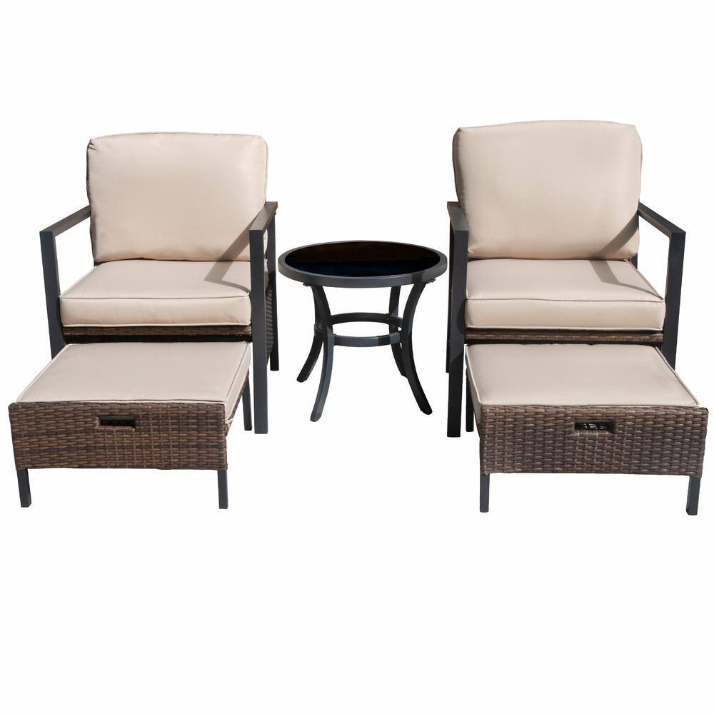 5-Pieces Luxury Patio Wicker Conversation Set with Ottoman and Beige Cushio