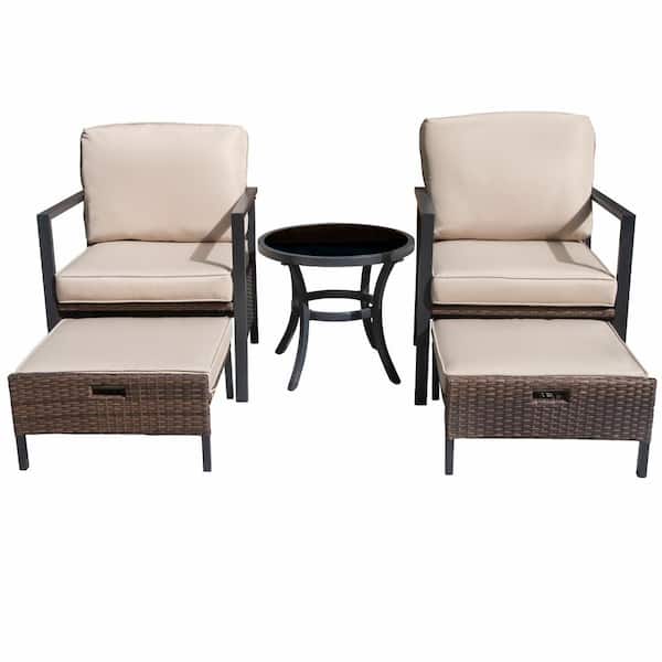 Unbranded 5-Pieces Luxury Patio Wicker Conversation Set with Ottoman and Beige Cushion