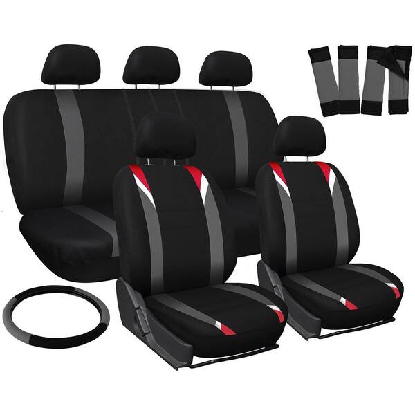 OxGord Polyester Seat Covers Set 26 in. L x 21 in. W x 48 in. H 17-Piece Seat Cover Set Racking Stripe Red, Gray, and Black