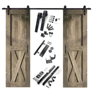 28 in. x 84 in. X-Frame Classic Gray Double Pine Wood Interior Sliding Barn Door with Hardware Kit Non-Bypass