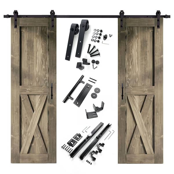 HOMACER 28 in. x 84 in. X-Frame Classic Gray Double Pine Wood Interior Sliding Barn Door with Hardware Kit Non-Bypass