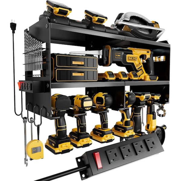 Heavy Duty 16.5 in. Black Metal 3-Layer Power Tool Rack with Charging Station, 6 Drill Holders and 4-Outlet Power Strip