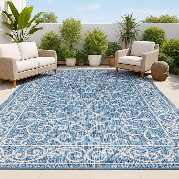Charleston Navy/Gray 9 ft. x 12 ft. Vintage Filigree Textured Weave Indoor/Outdoor Area Rug