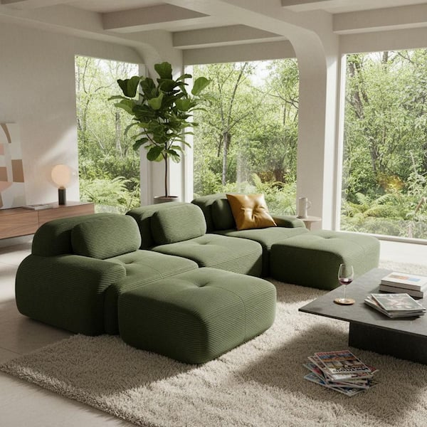 SMZO 117 in. Rolled Arm 4-Piece Corduroy Modular Sectional Sofa, No-Assembly Design with Ottoman in Sage Green