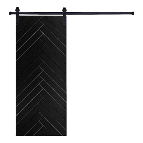 Modern Herringbone Designed 96 in. x 24 in. MDF Panel Black Painted Sliding Barn Door with Hardware Kit