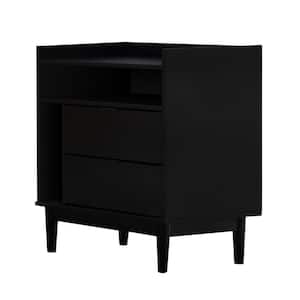 2-Drawer Black Solid Wood Mid-Century Modern Nightstand with Tray Top (25.5 in. H x 25 in. W x 16 in. D)
