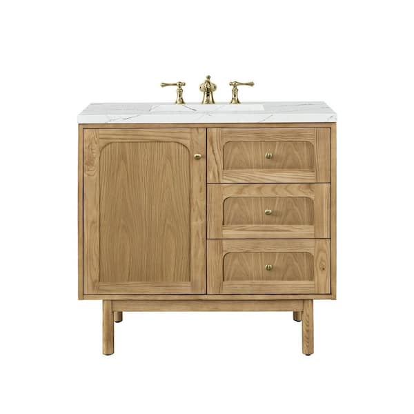 James Martin Vanities Laurent 36.0 in. W x 23.5 in. D x 34.2 in. H Bathroom Vanity in Light Oak with Ethereal Noctis Quartz Top