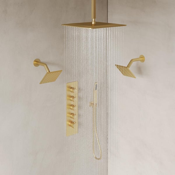 EVERSTEIN 15-Spray Patterns Thermostatic 16, 6 in. Dual Shower Head Wall Mount Fixed Shower Head in Brushed Gold (Valve Included)