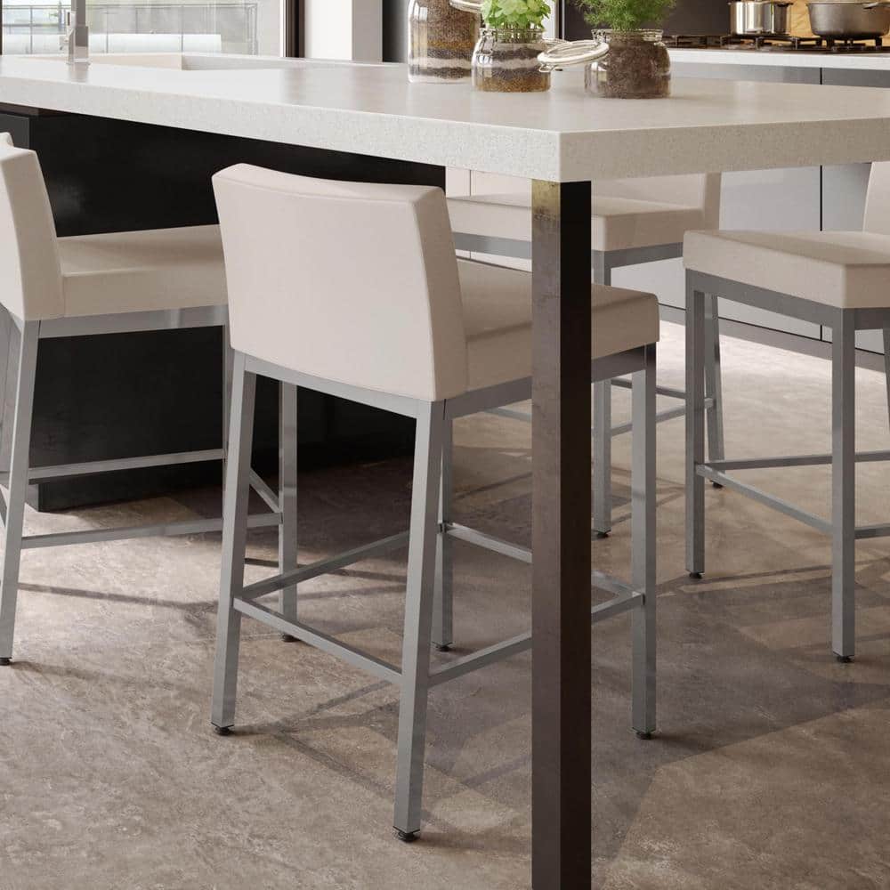 White Leather and Wood Swivel Bar Stool with Metal Frame