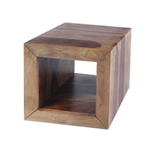 Cube Shaped Brown Rosewood Side Table with Cutout Bottom