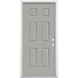 36 in. x 80 in. 6-Panel Silver Cloud Left Hand Inswing Painted Smooth Fiberglass Prehung Front Door with Brickmold
