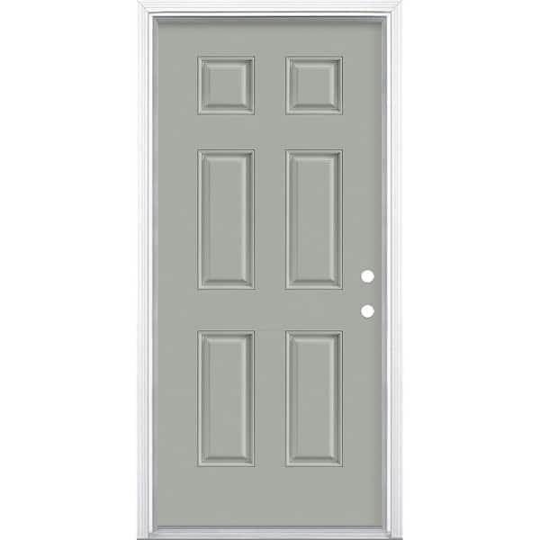 Masonite 36 in. x 80 in. 6-Panel Silver Cloud Left Hand Inswing Painted Smooth Fiberglass Prehung Front Door with Brickmold