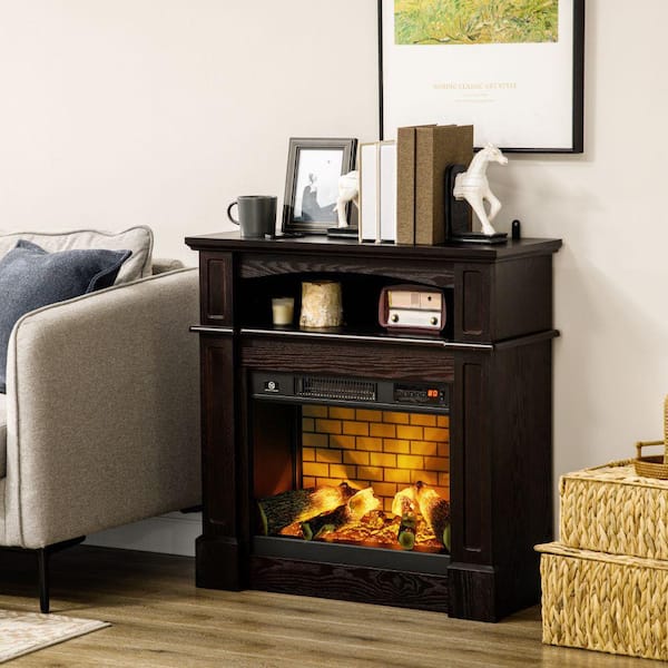 31.75 in. Freestanding Electric Fireplace in Brown with Shelf and Remote Control