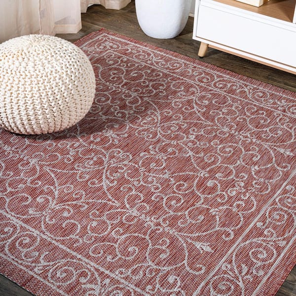 Charleston Vintage Filigree Textured Weave Red/Beige 5 ft. Square Indoor/Outdoor Area Rug