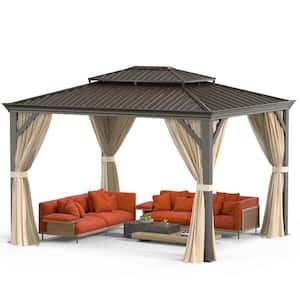 10 ft. x 12 ft. Brown Outdoor Hardtop Gazebo Galvanized Steel Roof Aluminum Outdoor Gazebo with Netting and Curtains