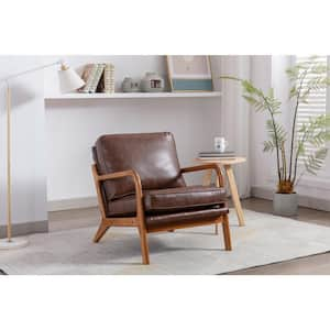 PU Leather Armchair, Wooden Leisure Chair, Single Sofa Chair with Backrest and Cushion, Living Room Reading Chair, Brown