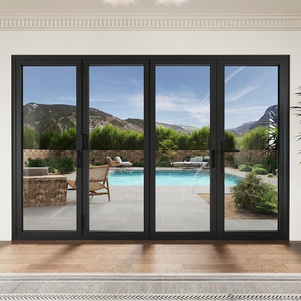 120 in. x 80 in. Right Swing Tempered Glass Black Aluminum Folding Patio Door with Door Stopper (3-Folding Plus 1-Swing)