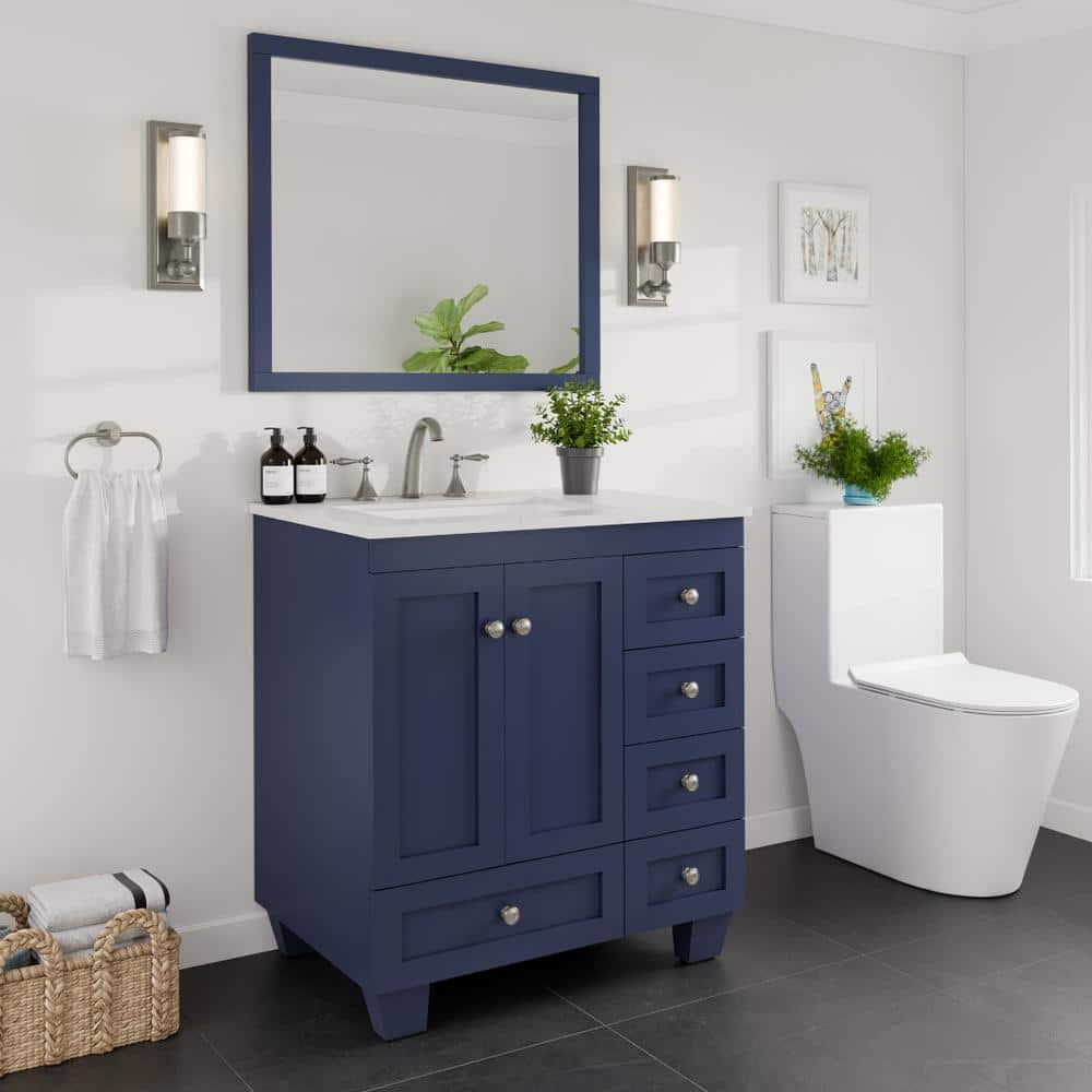 Blue Solid Wood 30" Bathroom Vanity with Carrara Quartz Top