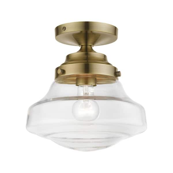 AVIANCE LIGHTING Ghessington 9 in. 1-Light Antique Brass Semi Flush Mount with Clear Glass
