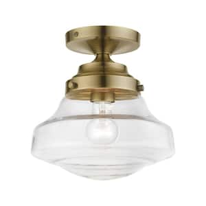 Avondale 9 in. 1-Light Antique Brass Semi-Flush Mount with Clear Glass