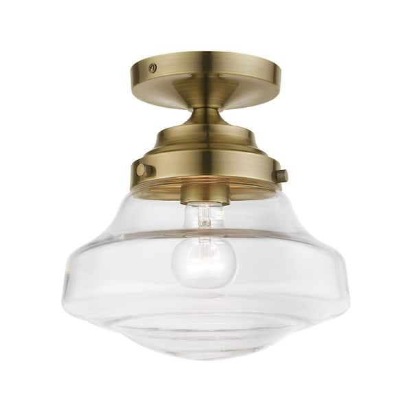 Livex Lighting Avondale 9 in. 1-Light Antique Brass Semi-Flush Mount with Clear Glass