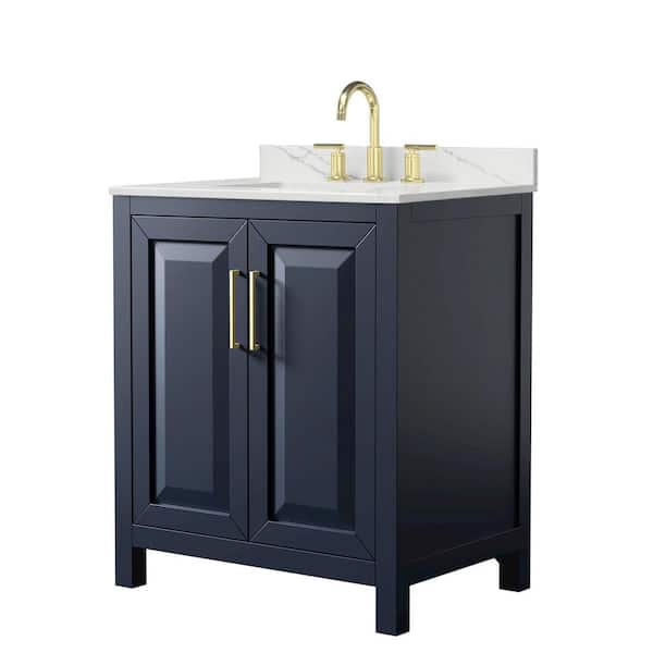 Wyndham Collection Daria 30 in. W x 22 in. D x 35.75 in. H Single Sink Bath Vanity in Dark Blue with Brushed Gold Trim Giotto Quartz Top