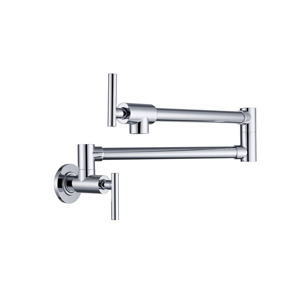 2 Handles Wall Mounted Pot Filler with Swing Arm Folding Faucet in Chrome