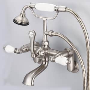 3-Handle Vintage Claw Foot Tub Faucet with Porcelain Lever Handles and Hand Shower in Brushed Nickel