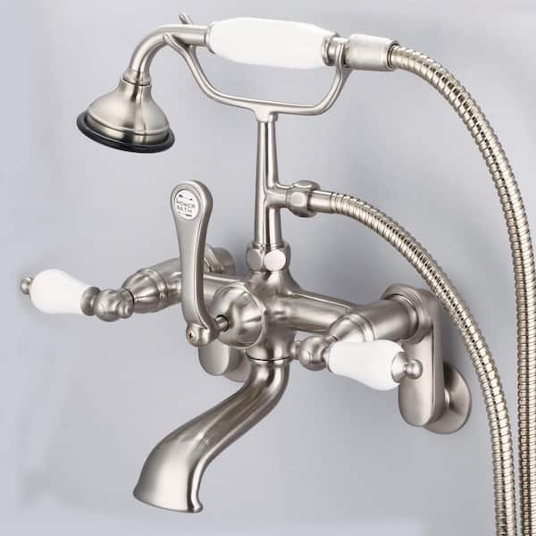 Water Creation 3-Handle Vintage Claw Foot Tub Faucet with Porcelain Lever Handles and Hand Shower in Brushed Nickel