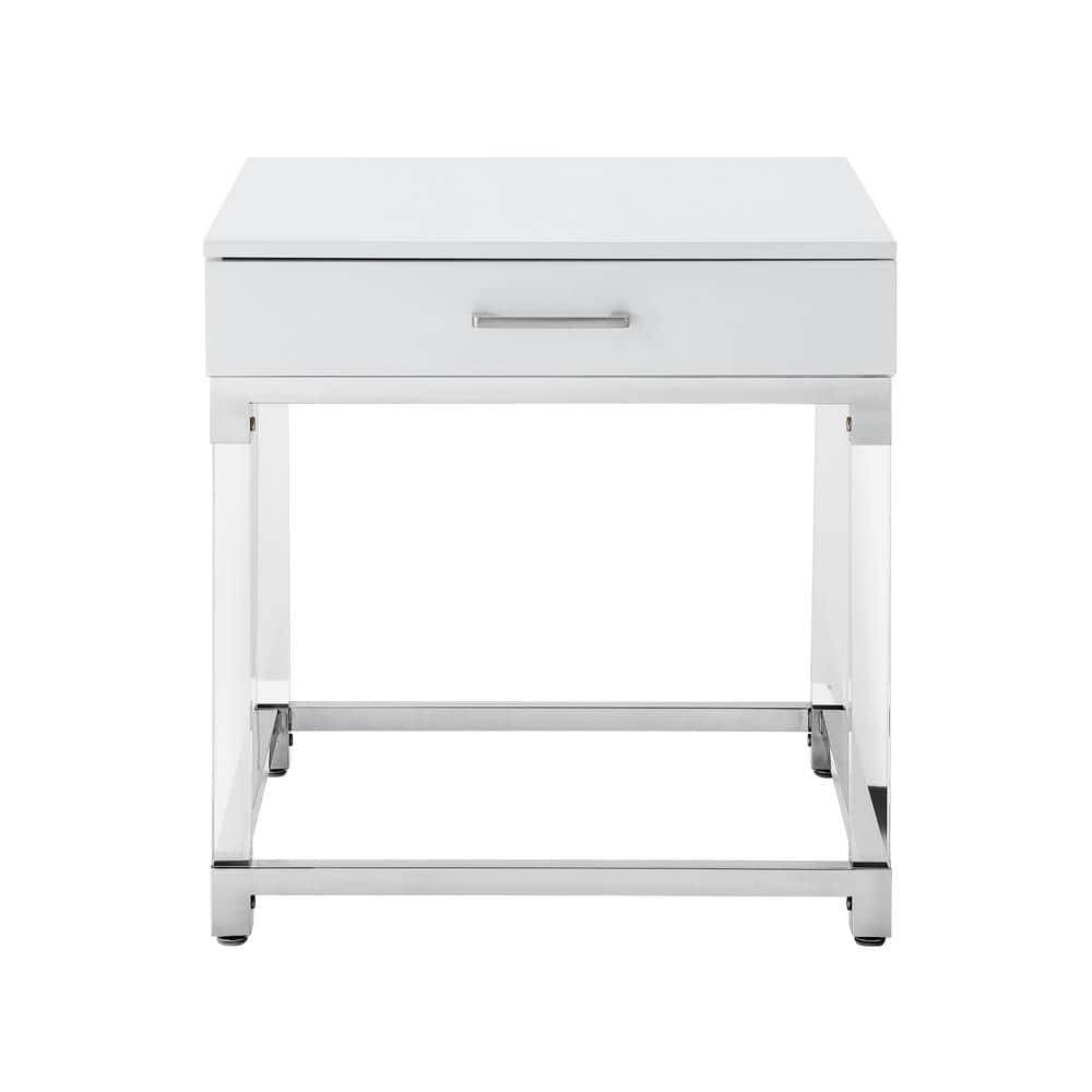 White and Chrome 1-Drawer End Table with Acrylic Legs