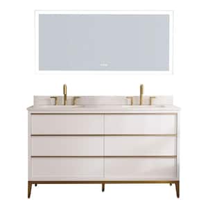 60 in. W x 22 in. D x 35 in. H Solid Wood Bath Vanity in White with White Quartz Top Double Sink White Mirror with Light