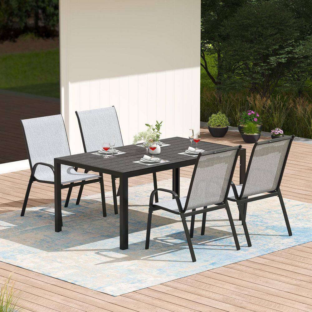 5-Piece Metal Outdoor Dining Set with 4-Textilene Stackable Chairs and Rectangular Table, Patio Dining Table (Set for 4)