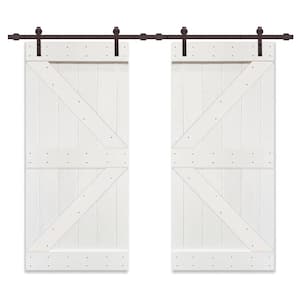 Distressed K Series 72 in. x 84 in. White Stained Solid Pine Wood Double Interior Sliding Barn Door with Hardware Kit