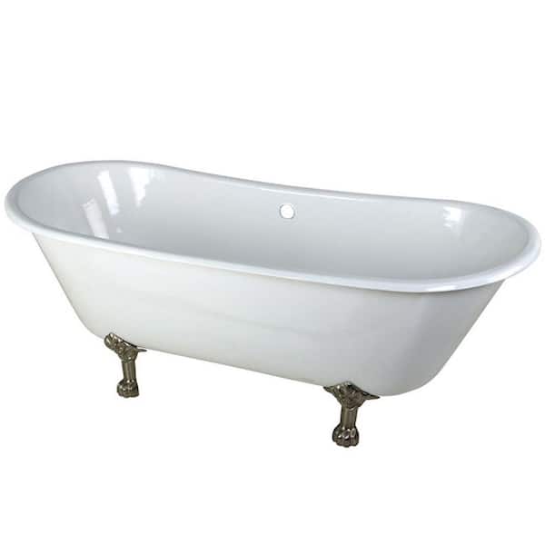 Aqua Eden 67 in. Cast Iron Brushed Nickel Claw Foot Double Slipper Tub in White