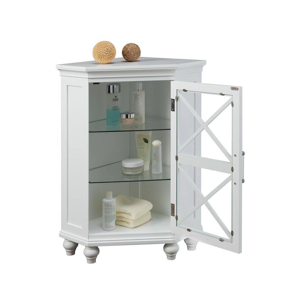 Classic White Corner Cabinet with Blue Accents and Adjustable Shelves