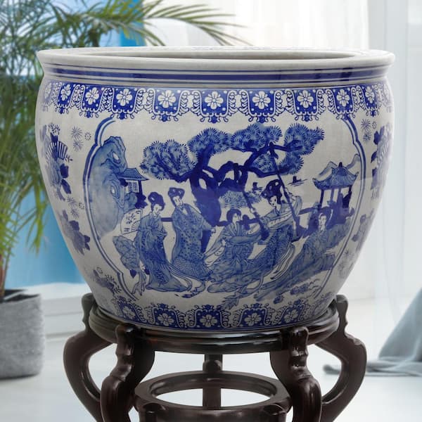 Unbranded Oriental Furniture 20 in. Ladies Blue and White Porcelain Fishbowl