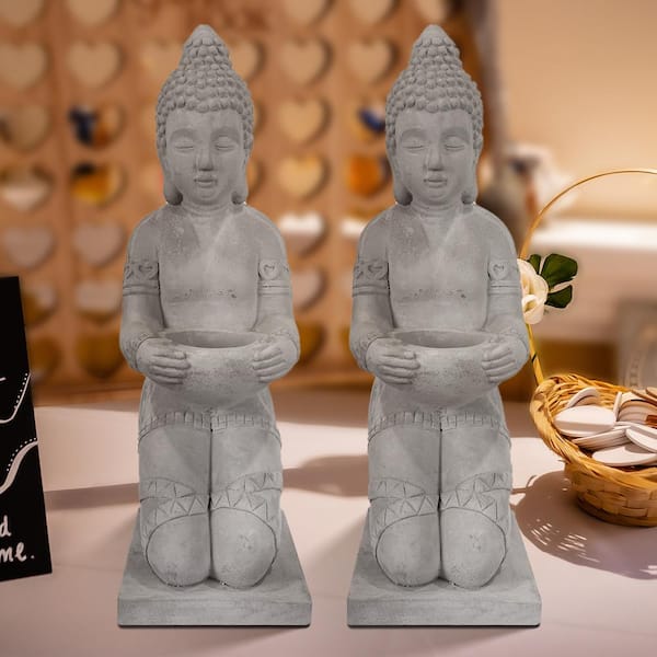 12.8 in. H Gray Cement Buddha Garden Statue Tealight Candle Holder Ornament (2-Pack)