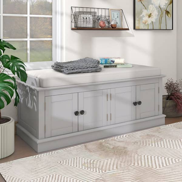 17.4 in. H x 42.7 in. W Gray Solid Wood Shoe Storage Bench with 4-Doors, Adjustable Shelves and Removable Cushion