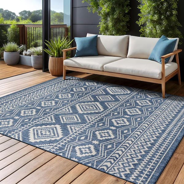 Waikiki Blue/White 9 ft. x 12 ft. Moroccan Geometric Washable Modern Indoor Outdoor Area Rug