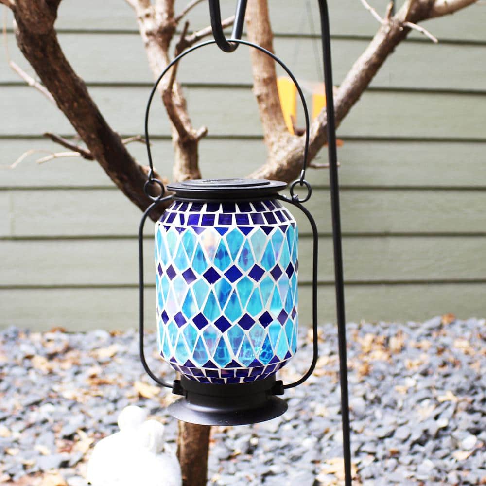 Cool Blue Mosaic Glass Solar LED Outdoor Lantern with Metal Frame