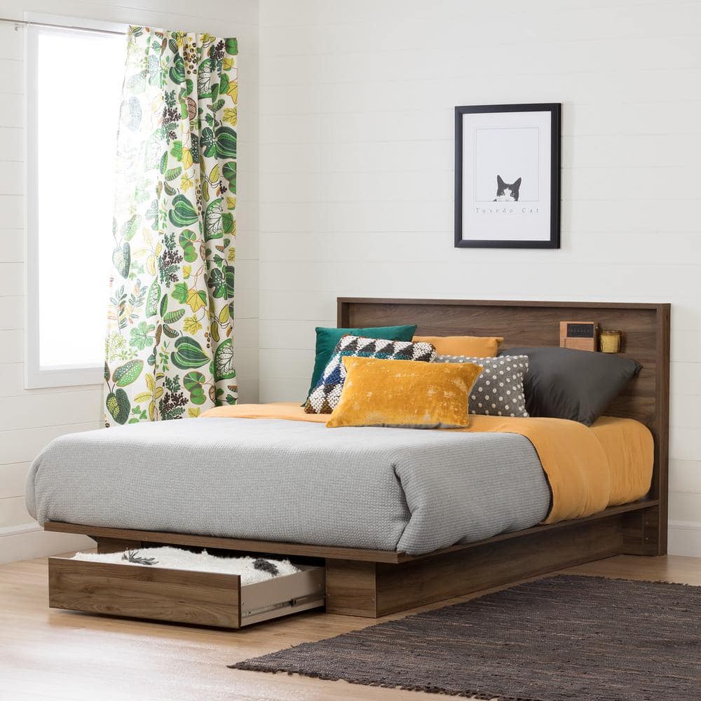 Full Walnut Wood Headboard with Storage Shelf