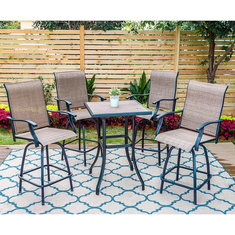 PHI VILLA Black 5Piece Metal Square Outdoor Patio Bar Set with Wood